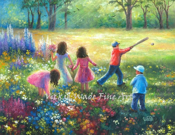 Five Children Playing Art Print five kids, happy kids summer garden wall art, three girls, two boys, happy childhood